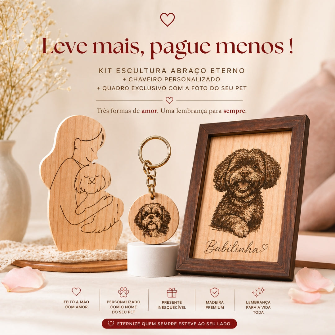 Kit Escultura Abraço Eterno + Chaveiro + Quadro Personalizado