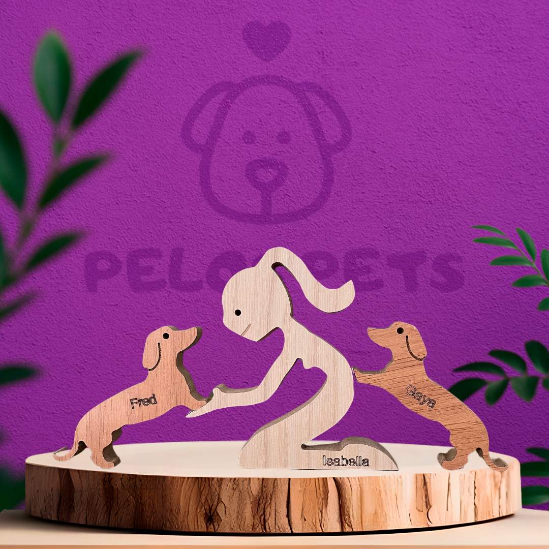 Escultura em Madeira Humano e Dois Pets