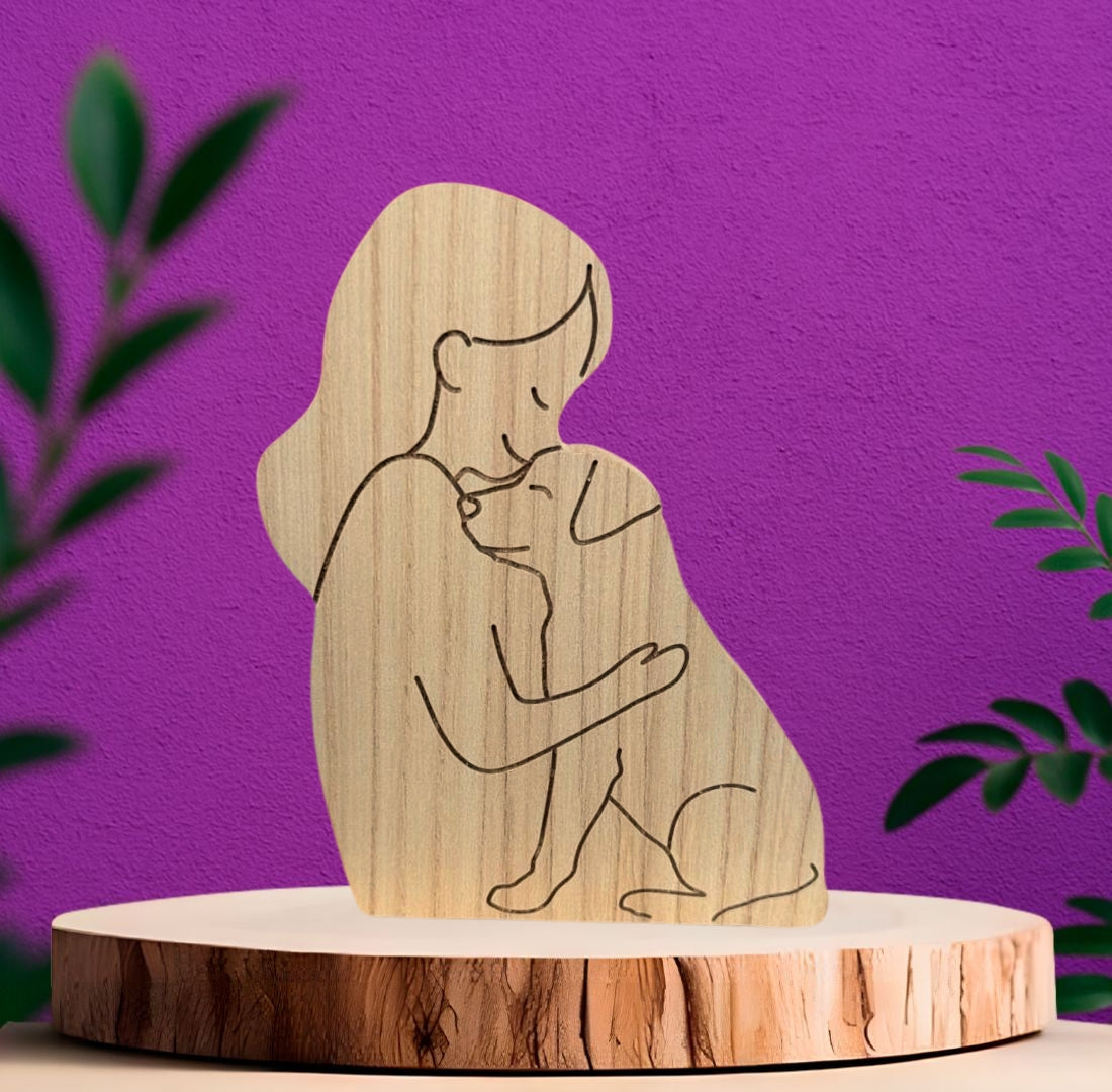 Escultura Perosnalizada em Madeira Eterno Abraço Humano e Pet