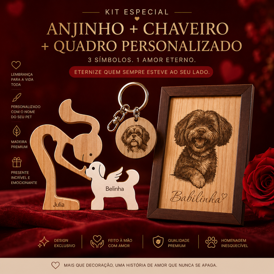 Kit Escultura por Raça Anjinho + Chaveiro + Quadro Personalizado