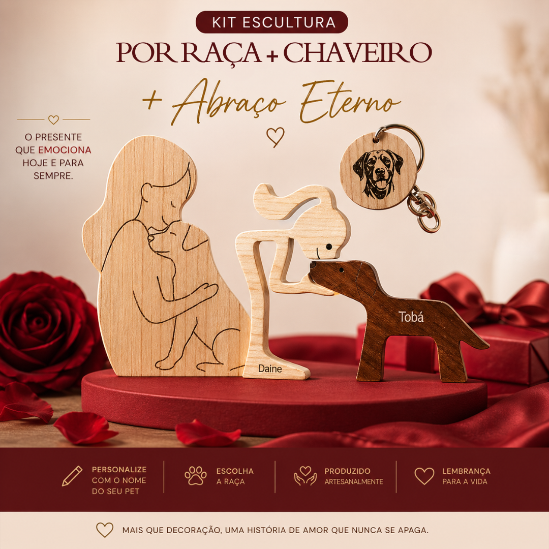 Kit Escultura por Raça + Chaveiro + Abraço Eterno