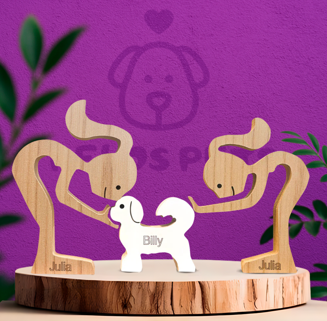 Escultura em Madeira Duas mulheres e pet