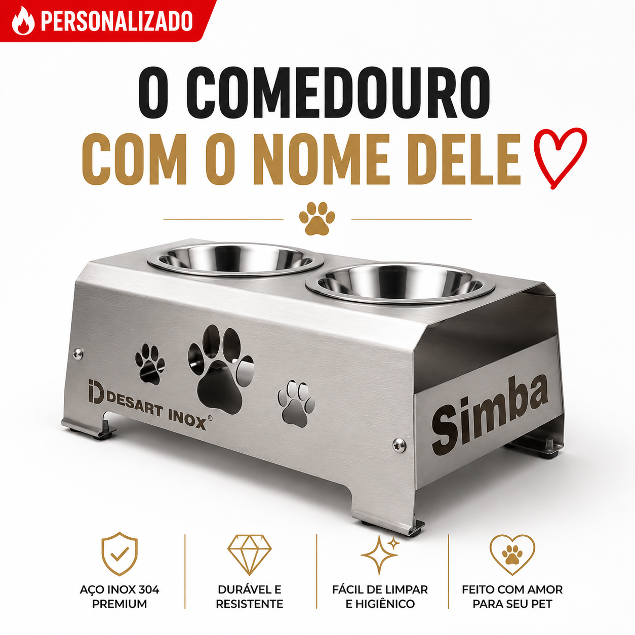 Comedouro Elevado Inox 304 Personalizado
