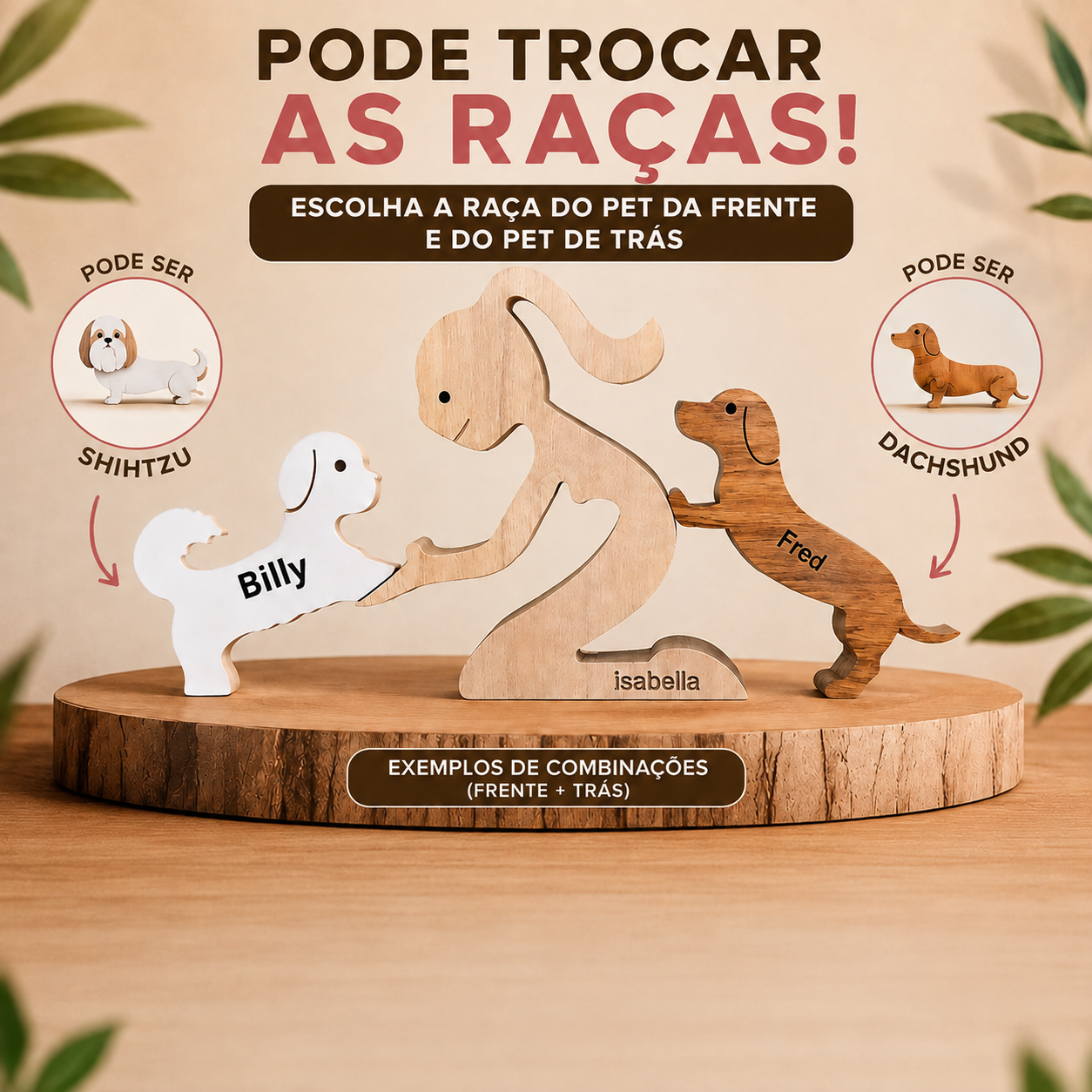Escultura em Madeira Humano e Dois Pets