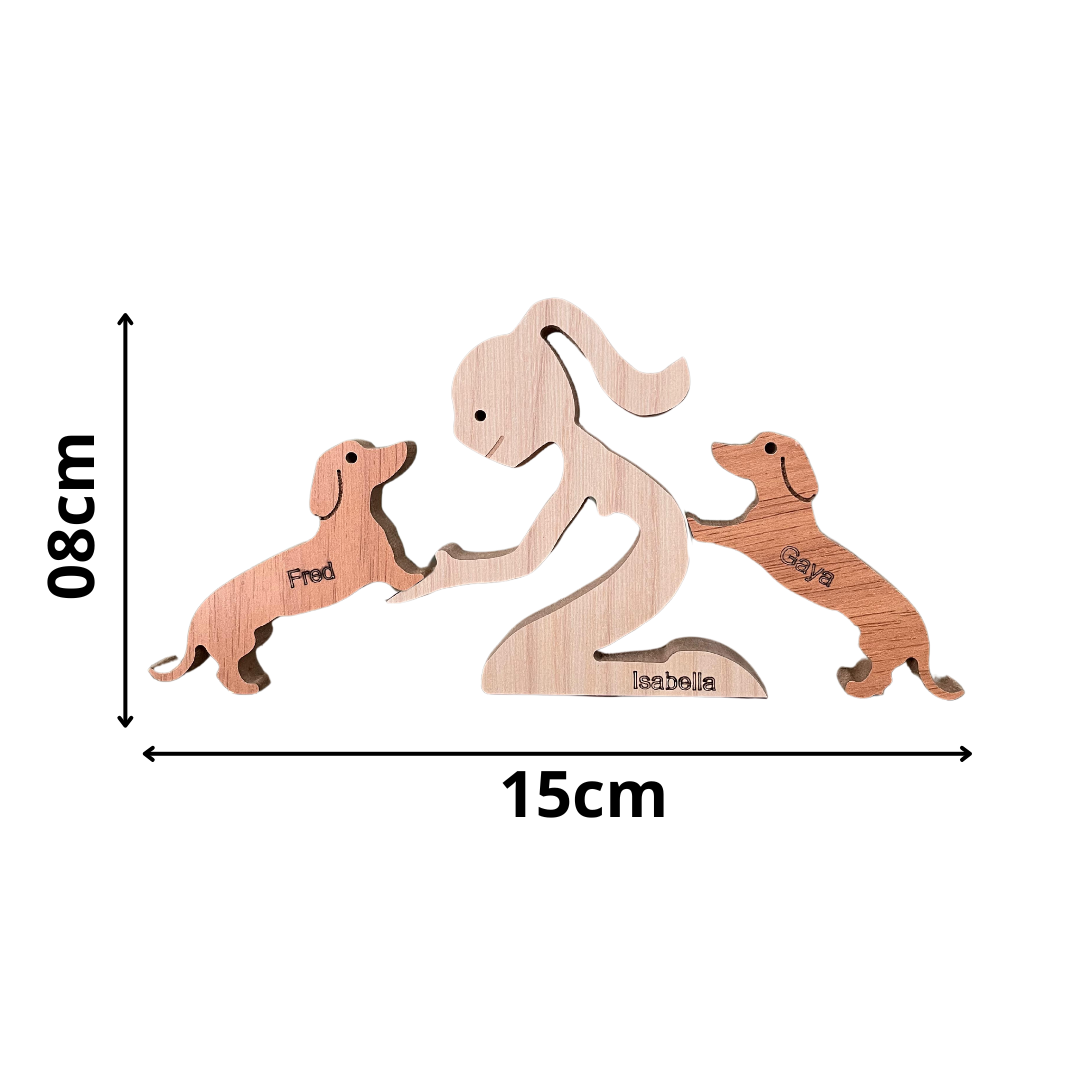 Escultura em Madeira Humano e Dois Pets