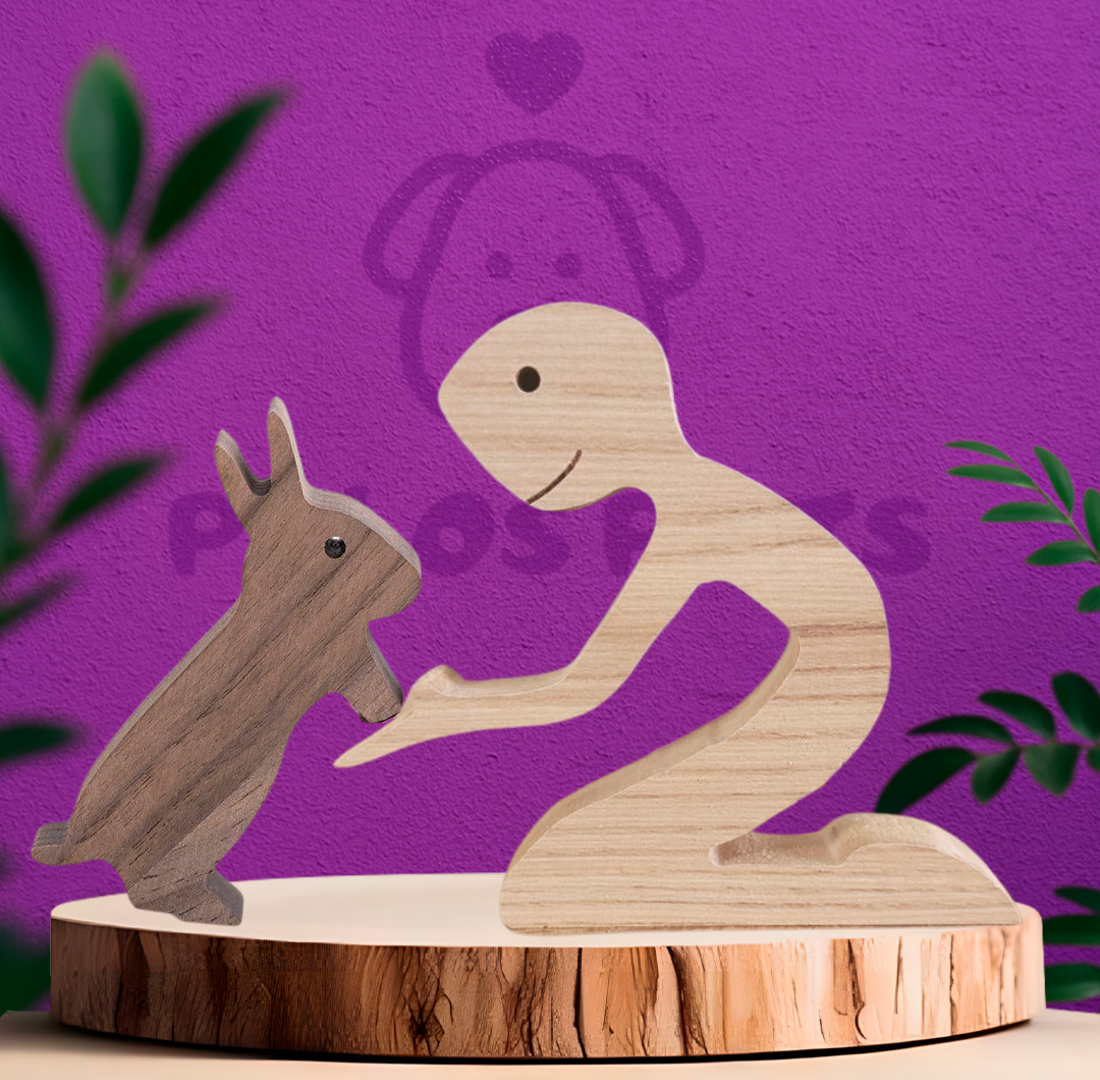 Escultura em Madeira - Humano e Coelho