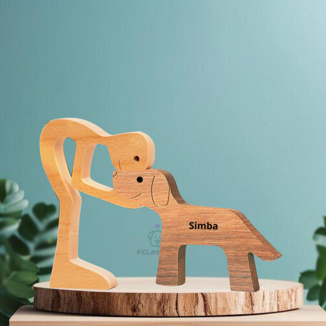 Escultura em Madeira Humano e Pet Sem Raça Definida