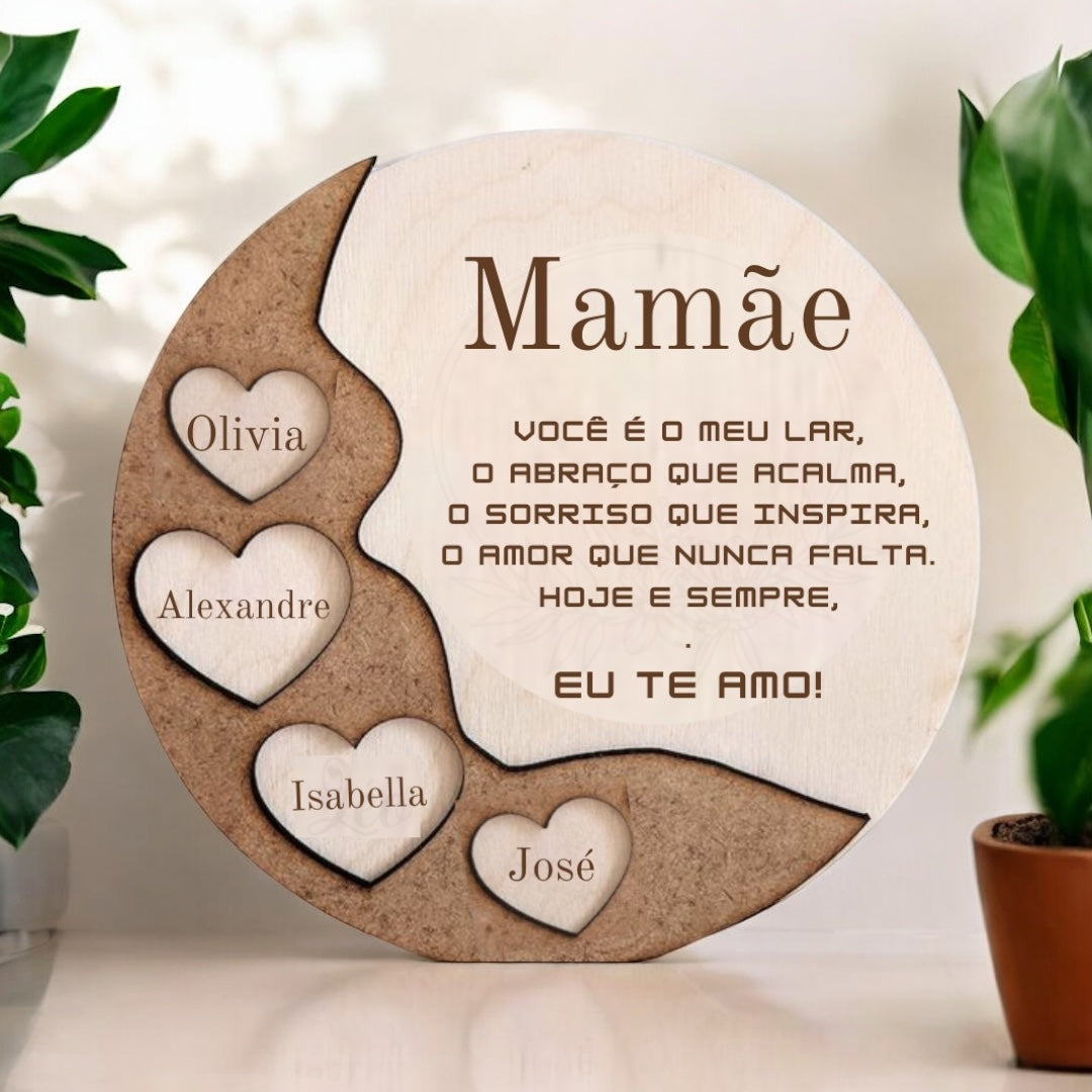 Homenagem em Circulo de Madeira para Mãe - Presente Personalizado
