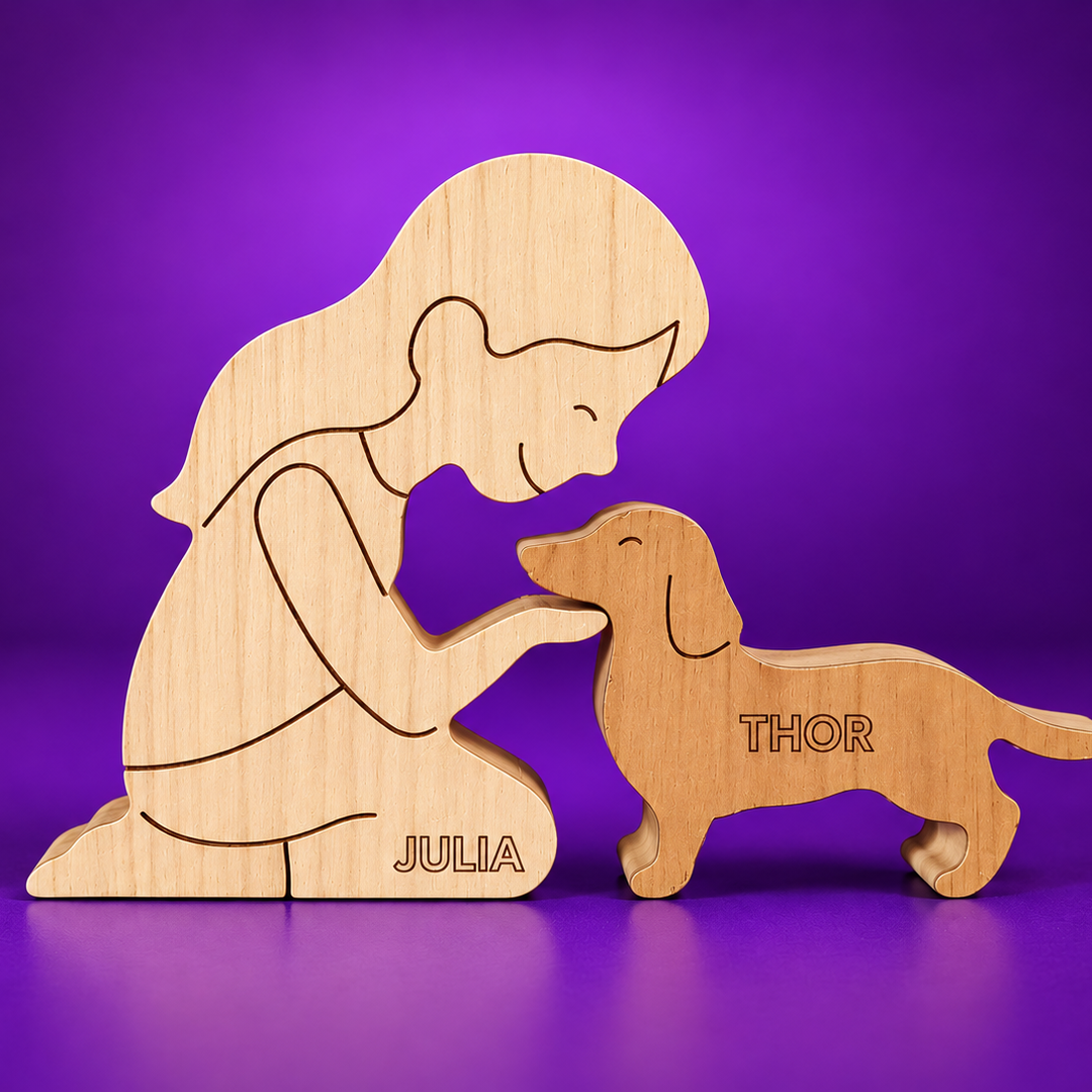 Escultura em Madeira Mulher Ajoelhada e Salsicha (Dachshund)