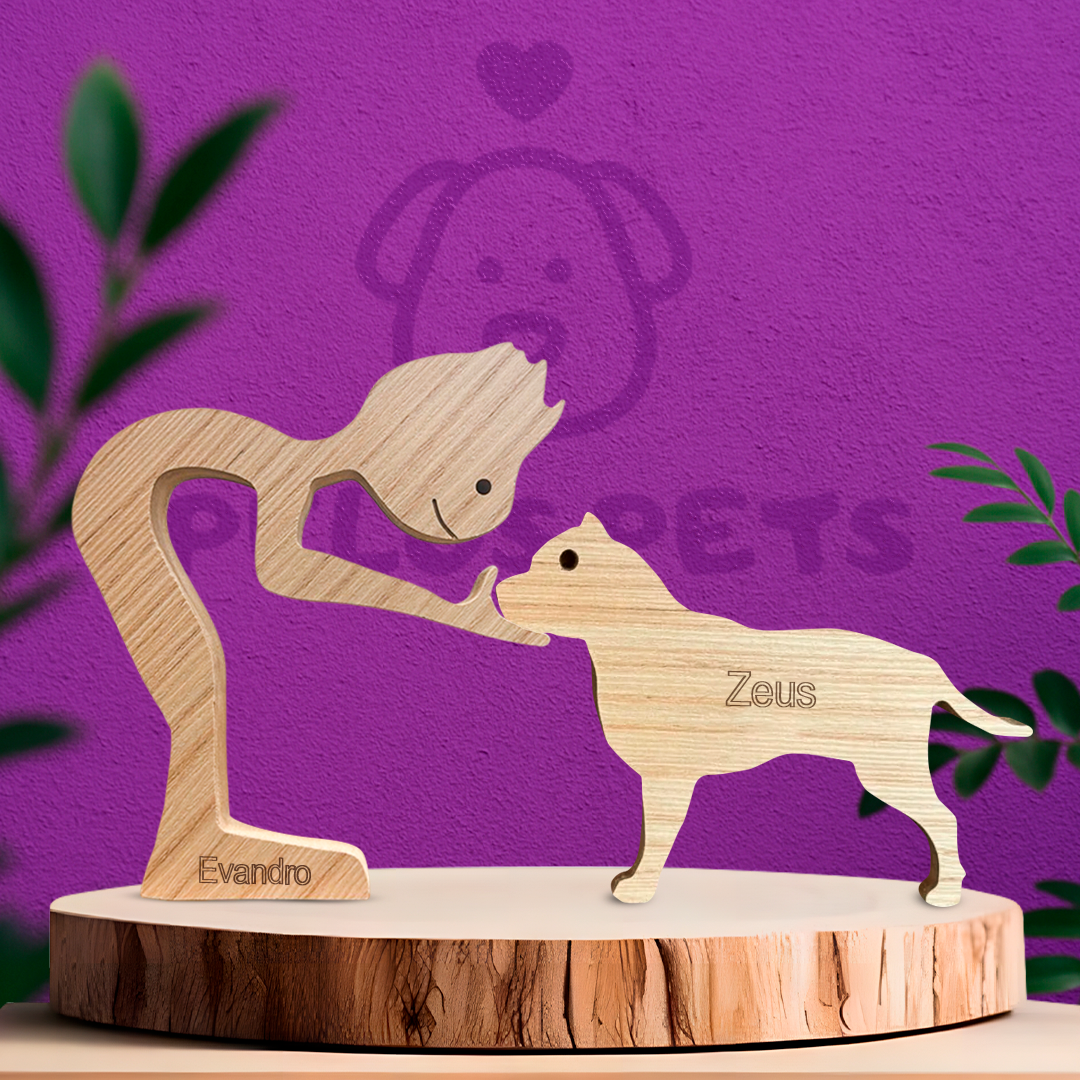 Escultura em Madeira Humano e Pit Bull