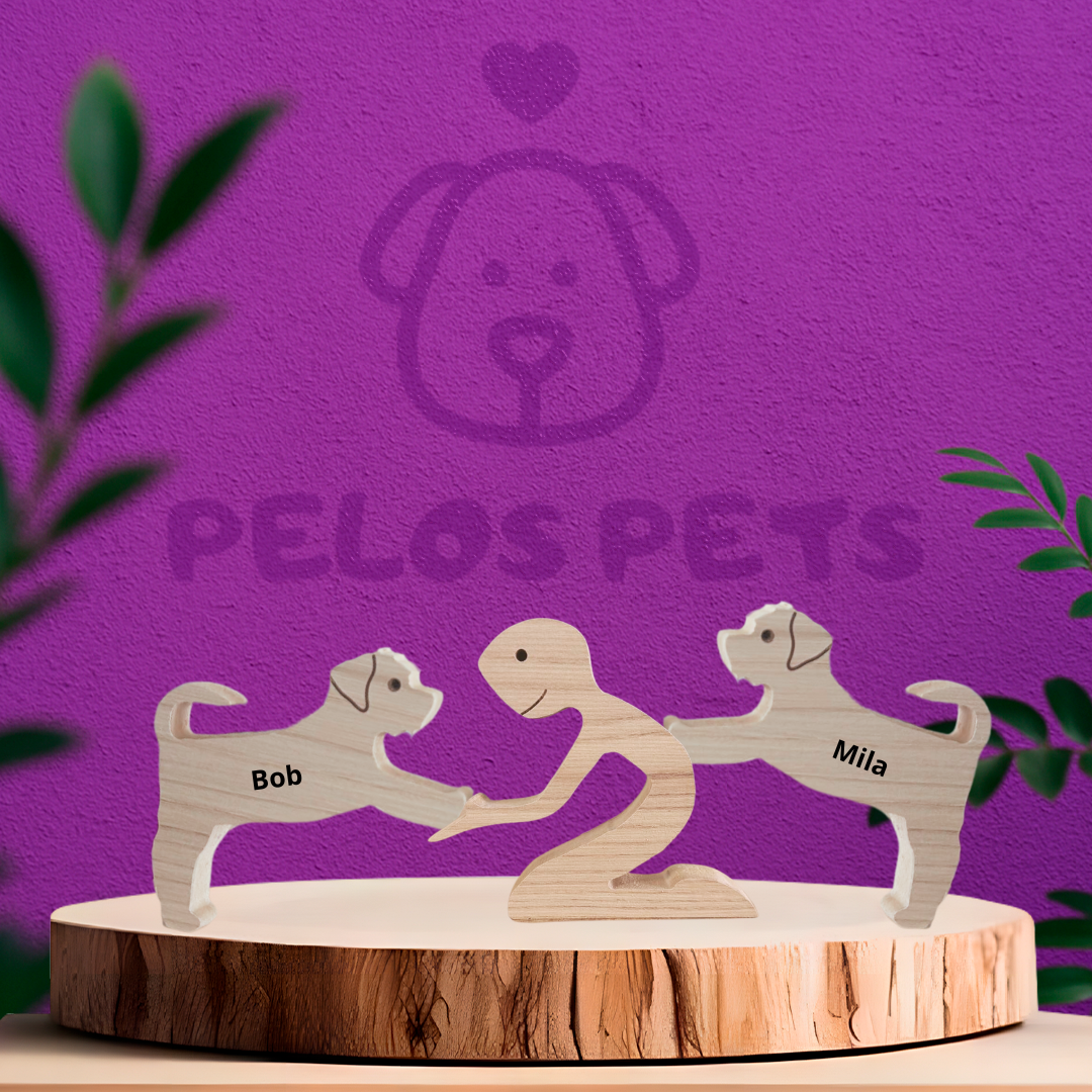 Escultura em Madeira Humano e Dois Pets