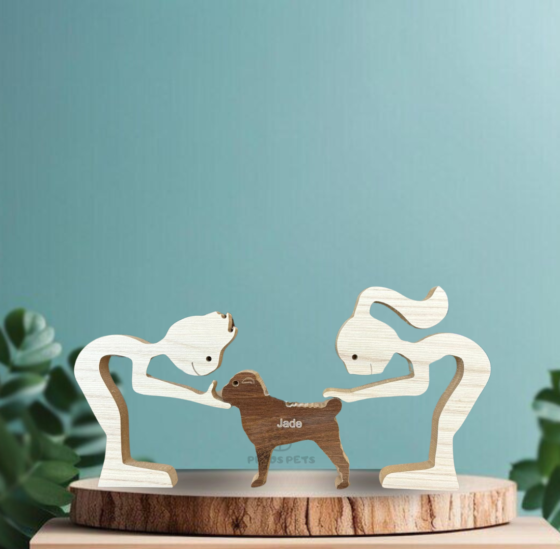 Escultura em Madeira Pelos Pets (Casal + Pet)