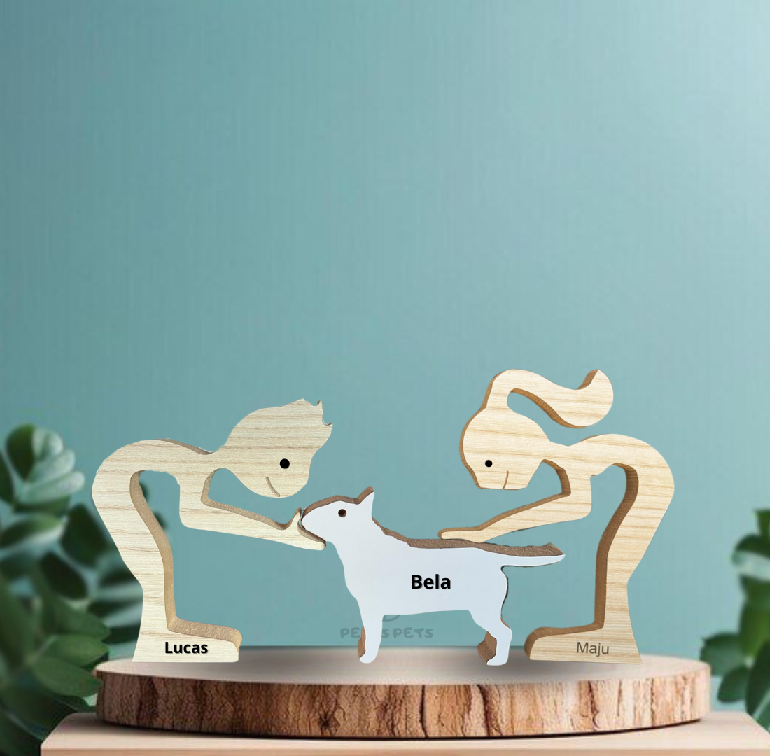 Escultura em Madeira Pelos Pets (Casal + Pet)