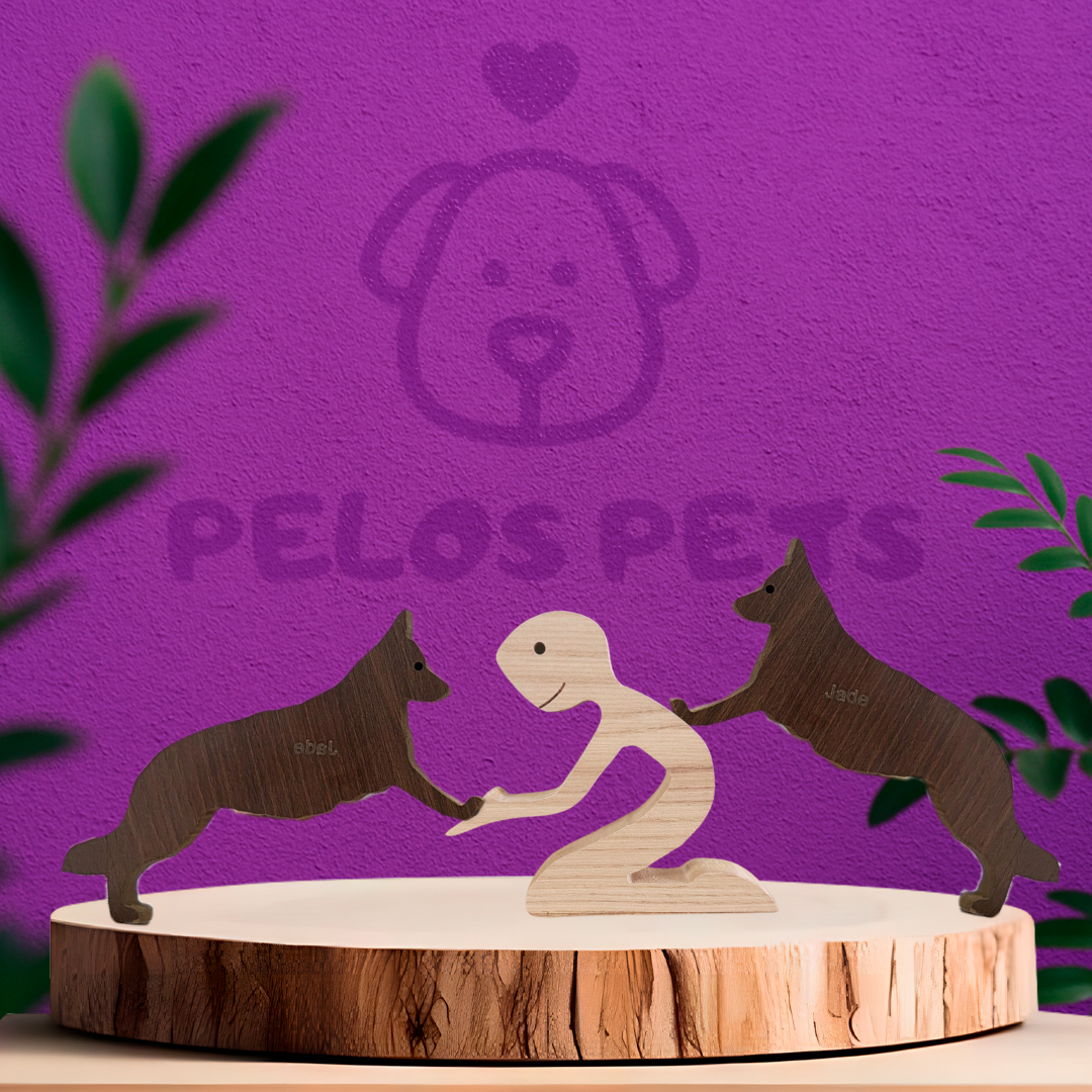 Escultura em Madeira Humano e Dois Pets