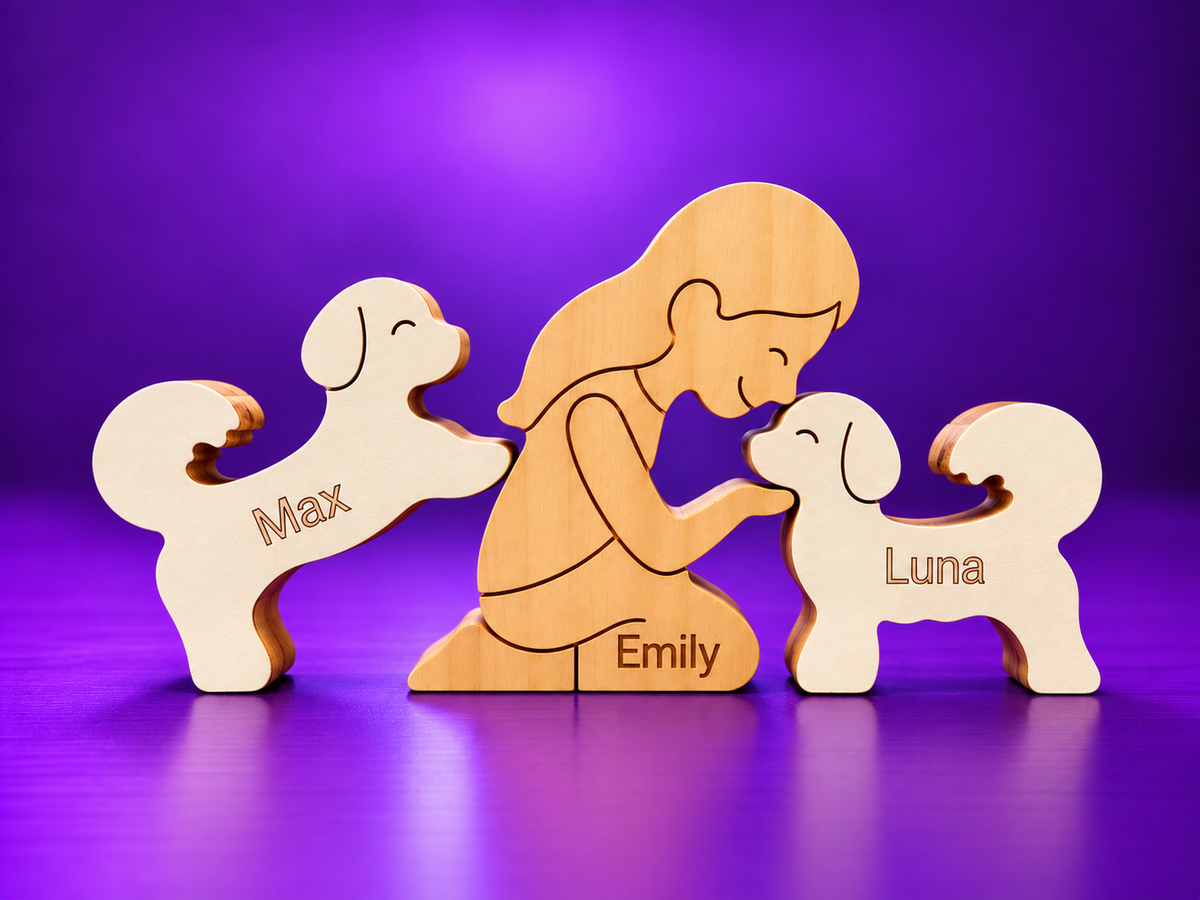 Escultura em Madeira Humano e Dois Pets