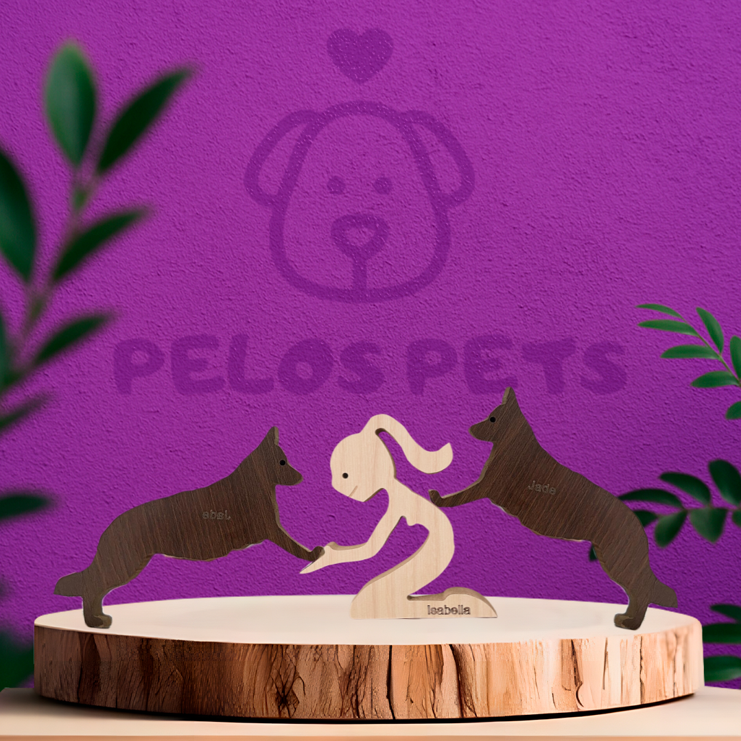 Escultura em Madeira Humano e Dois Pets