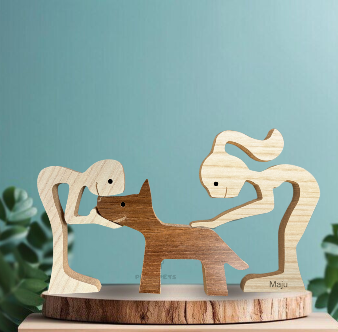 Escultura em Madeira Pelos Pets (Casal + Pet)