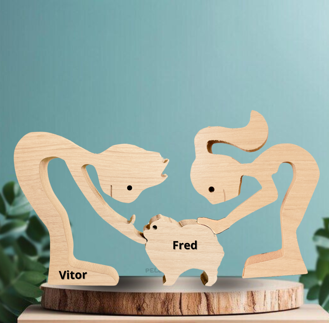 Escultura em Madeira Pelos Pets (Casal + Pet)