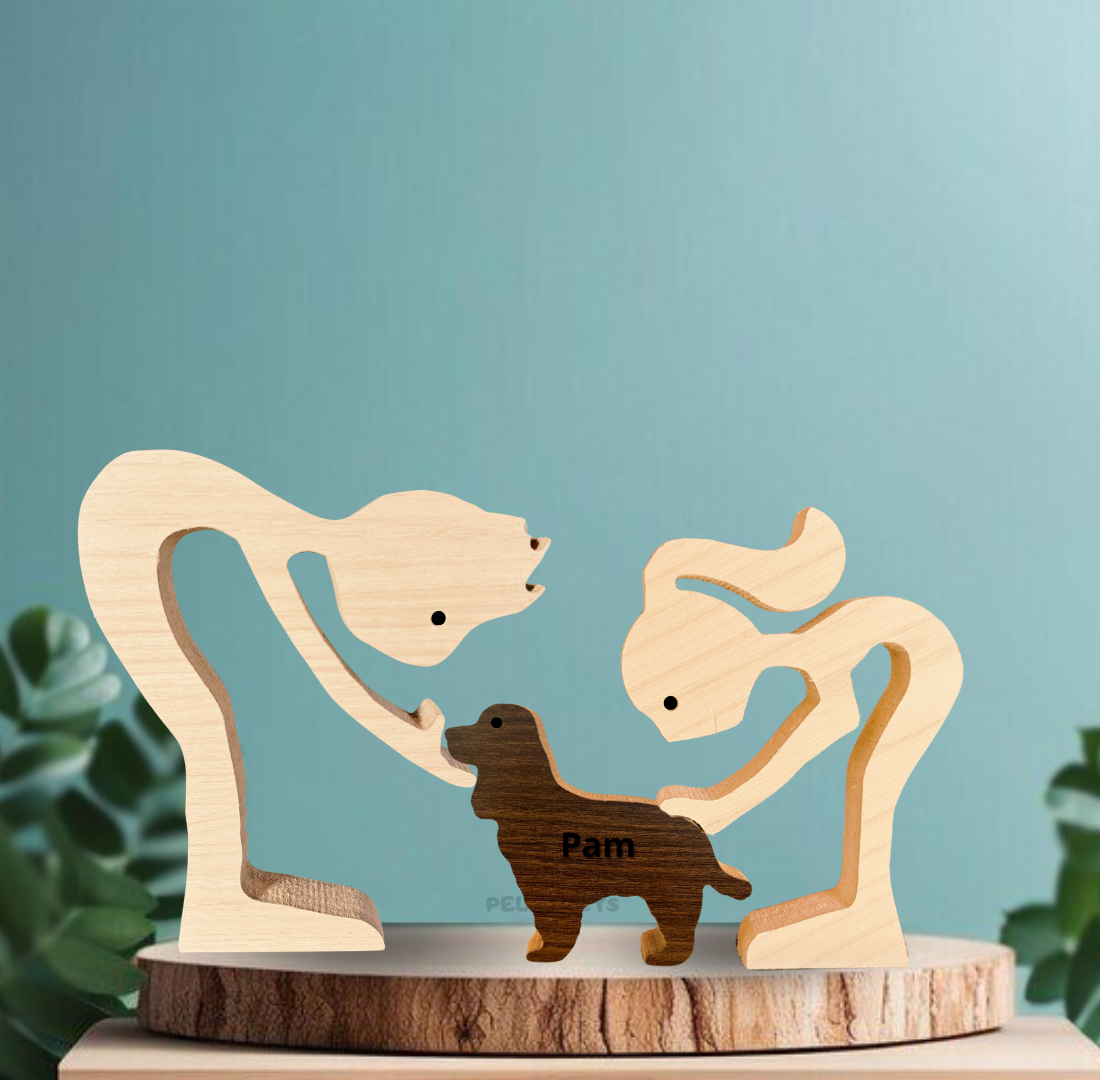 Escultura em Madeira Pelos Pets (Casal + Pet)