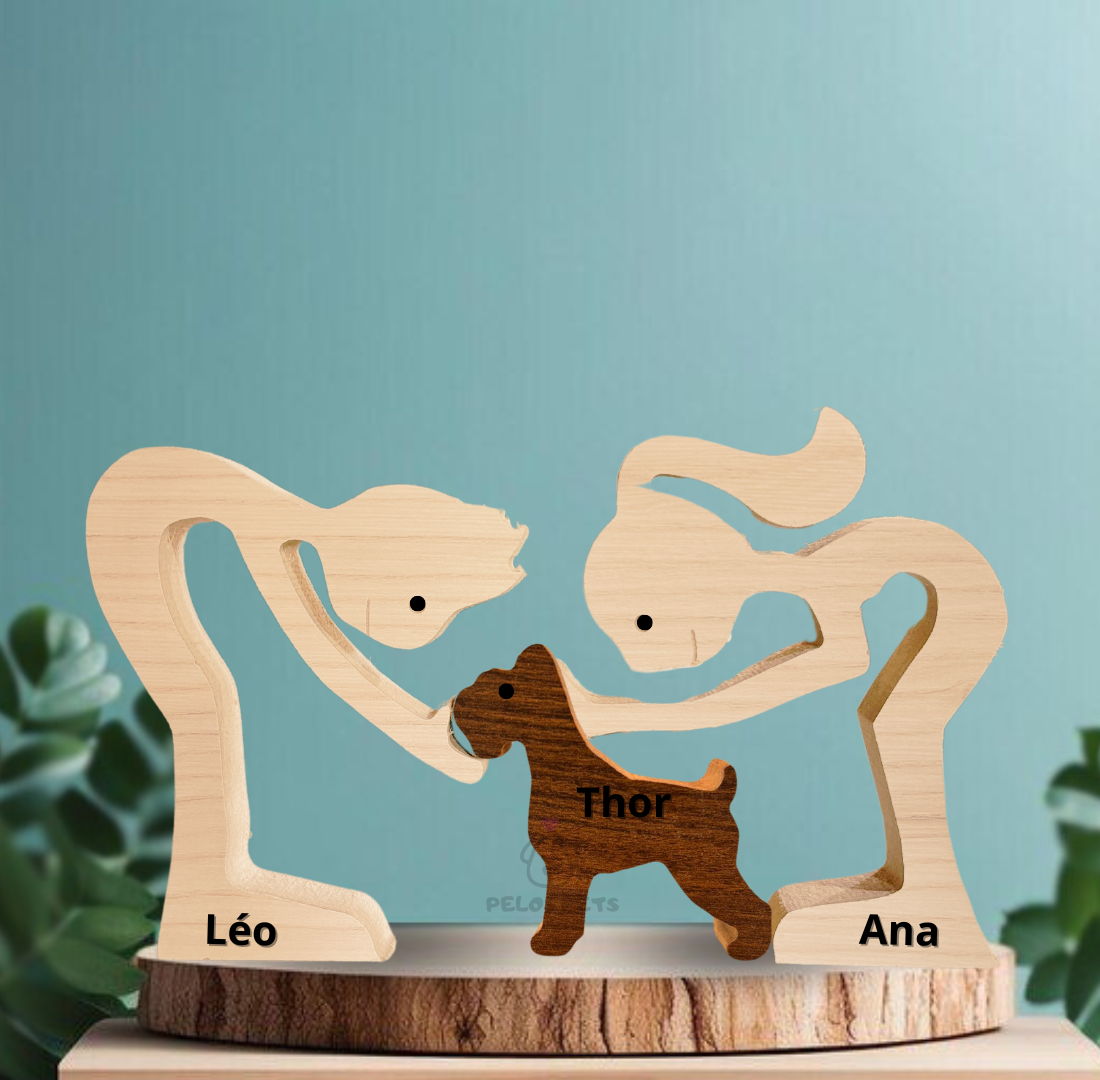Escultura em Madeira Pelos Pets (Casal + Pet)