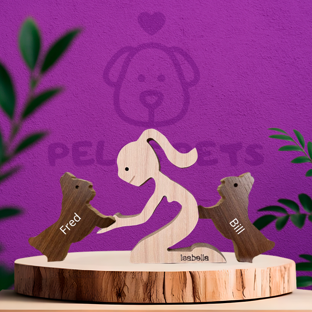 Escultura em Madeira Humano e Dois Pets