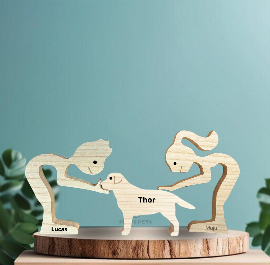 Escultura em Madeira Pelos Pets (Casal + Pet)