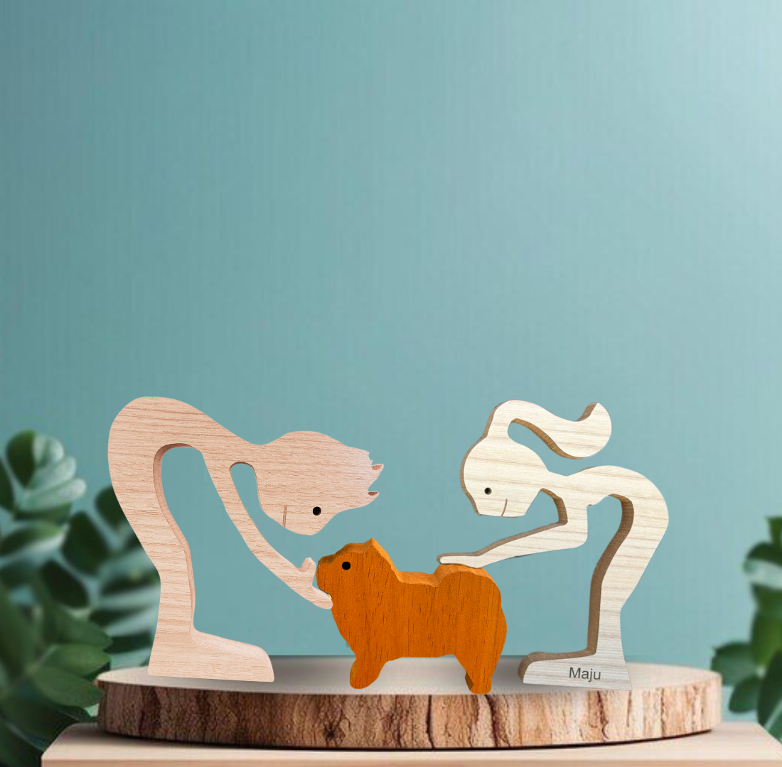 Escultura em Madeira Pelos Pets (Casal + Pet)