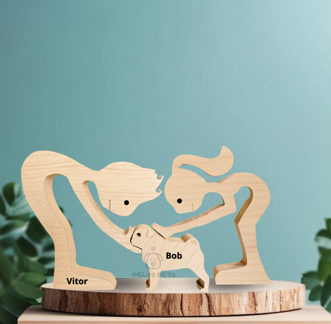 Escultura em Madeira Pelos Pets (Casal + Pet)