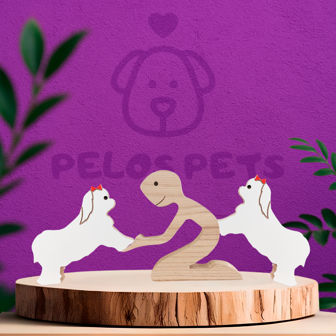 Escultura em Madeira Humano e Dois Pets