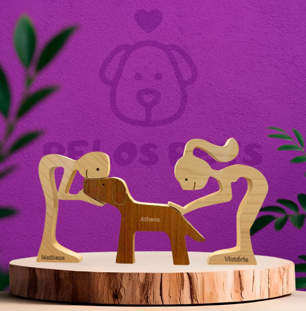 Escultura em Madeira Humano e Pet Sem Raça Definida