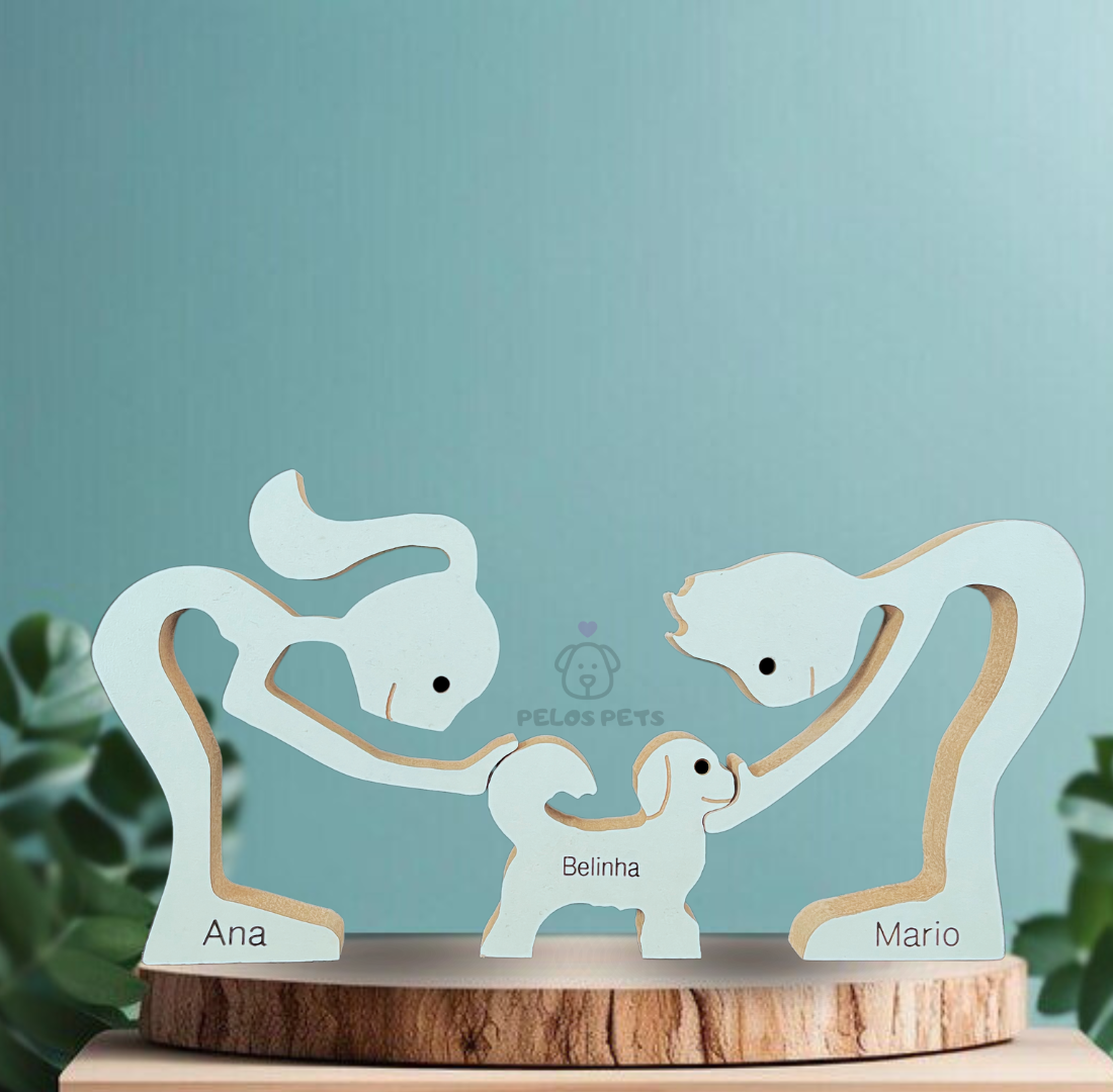 Escultura em Madeira Pelos Pets (Casal + Pet)