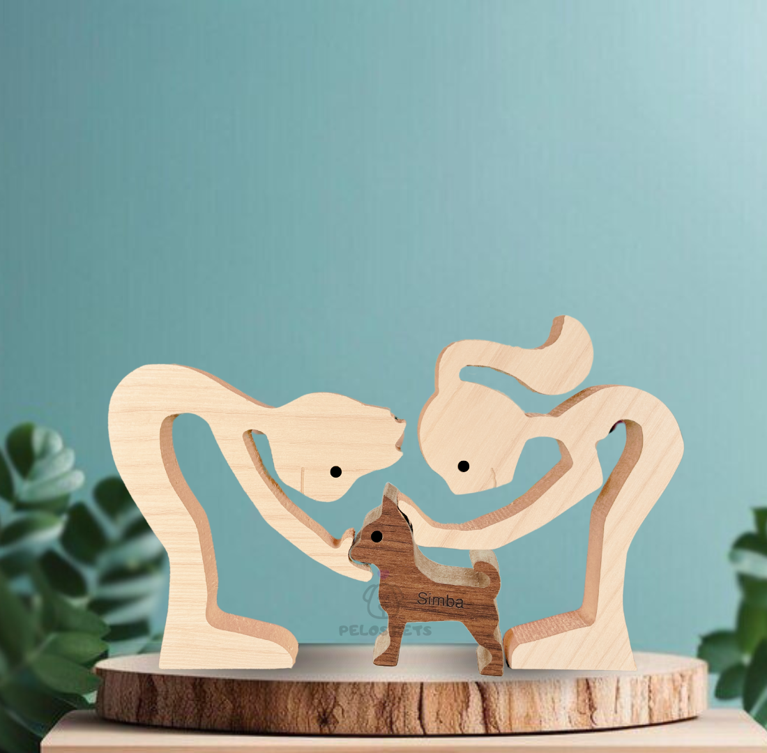 Escultura em Madeira Pelos Pets (Casal + Pet)