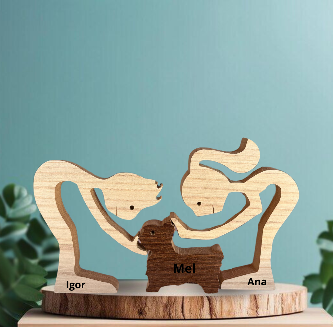 Escultura em Madeira Pelos Pets (Casal + Pet)