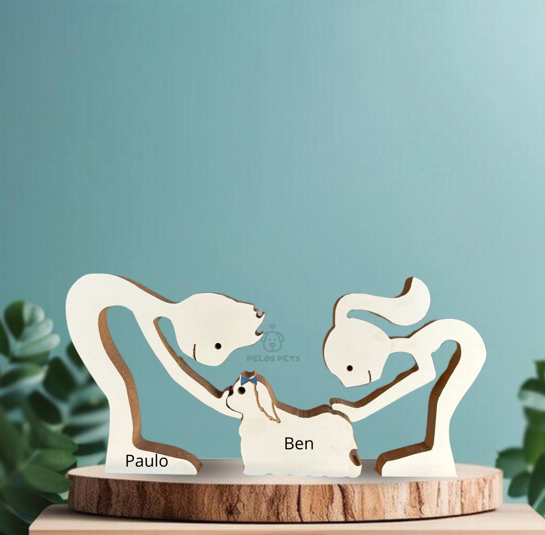 Escultura em Madeira Pelos Pets (Casal + Pet)