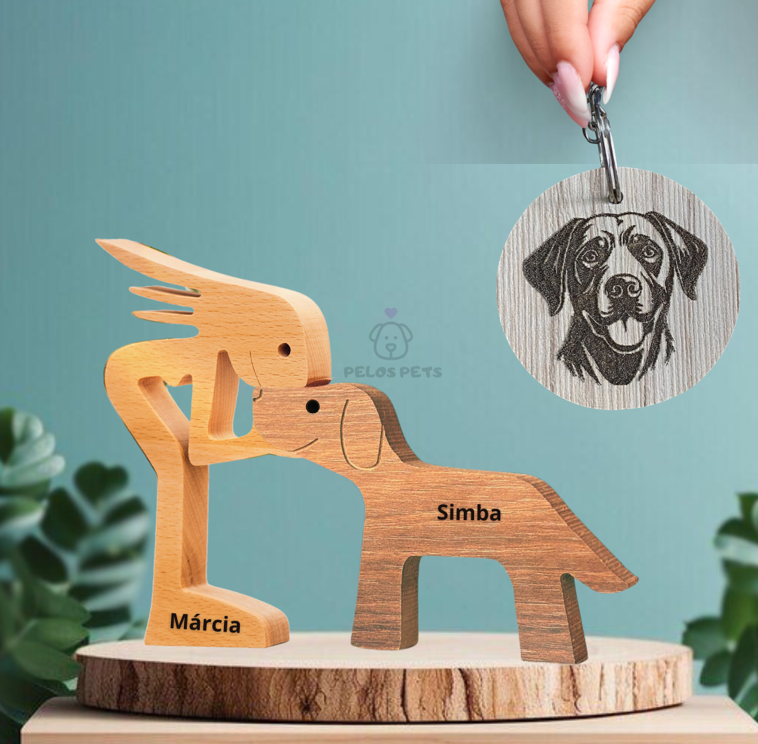 Escultura em Madeira Pelos Pets + Chaveiro de Brinde