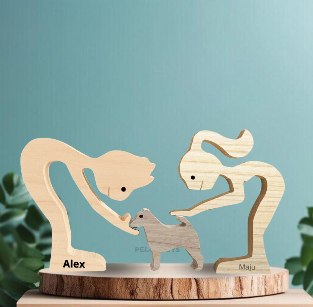 Escultura em Madeira Pelos Pets (Casal + Pet)