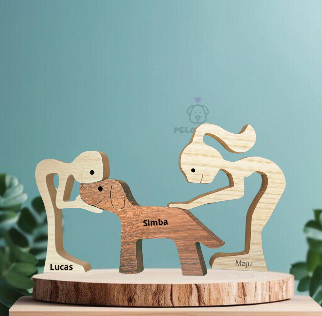 Escultura em Madeira Pelos Pets (Casal + Pet)