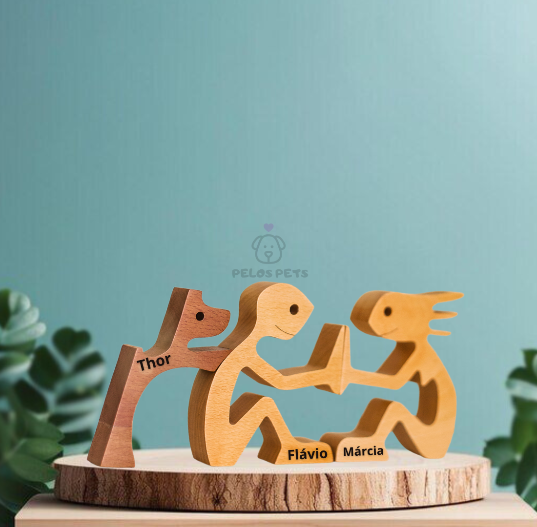 Escultura em Madeira Pelos Pets (Casal + Pet)