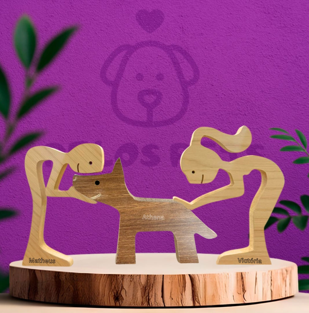 Escultura em Madeira Humano e Pet Sem Raça Definida