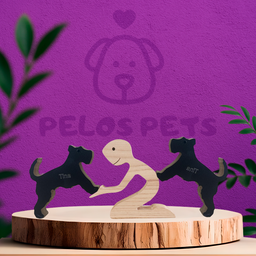 Escultura em Madeira Humano e Dois Pets