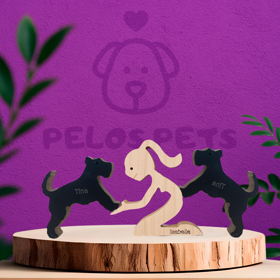 Escultura em Madeira Humano e Dois Pets
