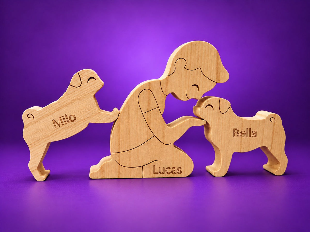 Escultura em Madeira Humano e Dois Pets