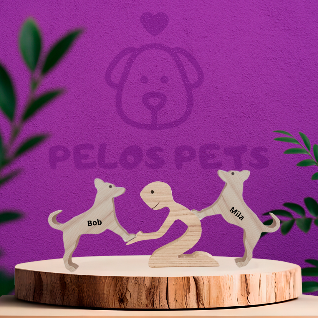 Escultura em Madeira Humano e Dois Pets