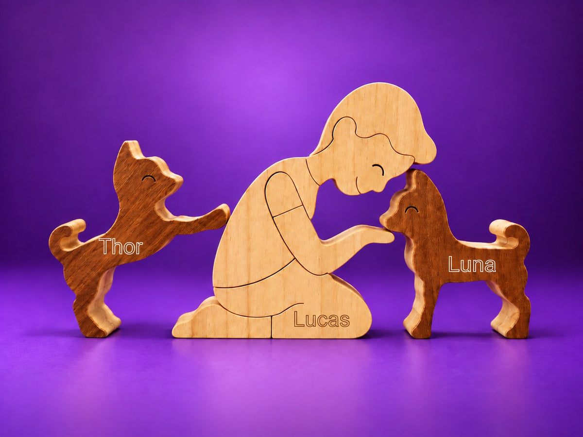 Escultura em Madeira Humano e Dois Pets