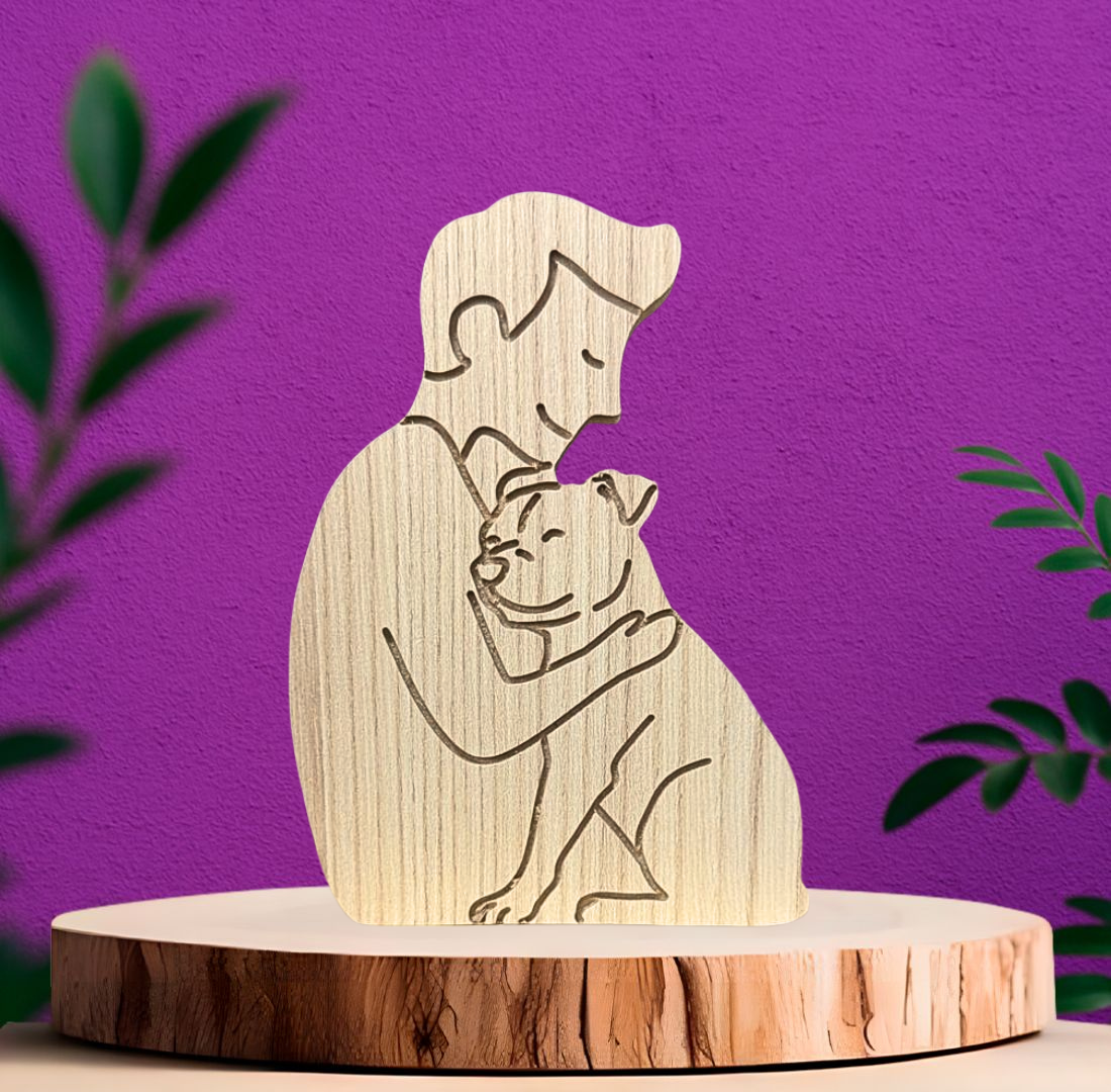 Escultura em Madeira Eterno Abraço Humano e Pet
