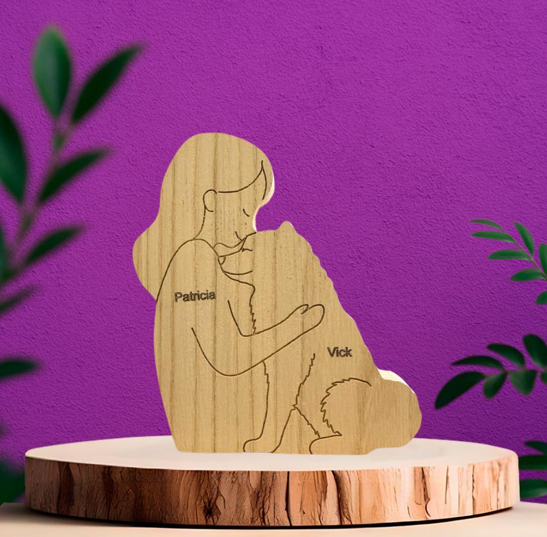 Escultura em Madeira Eterno Abraço Humano e Pet