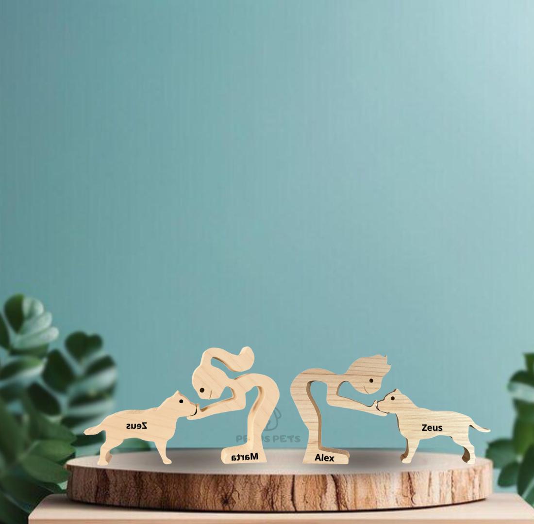 Human and Pit Bull Wood Sculpture