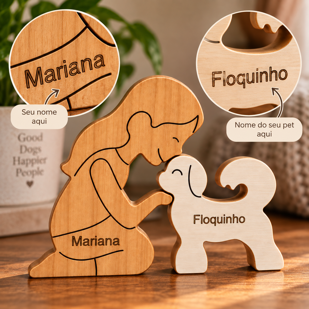 Escultura em Madeira Mulher Ajoelhada e Shih Tzu