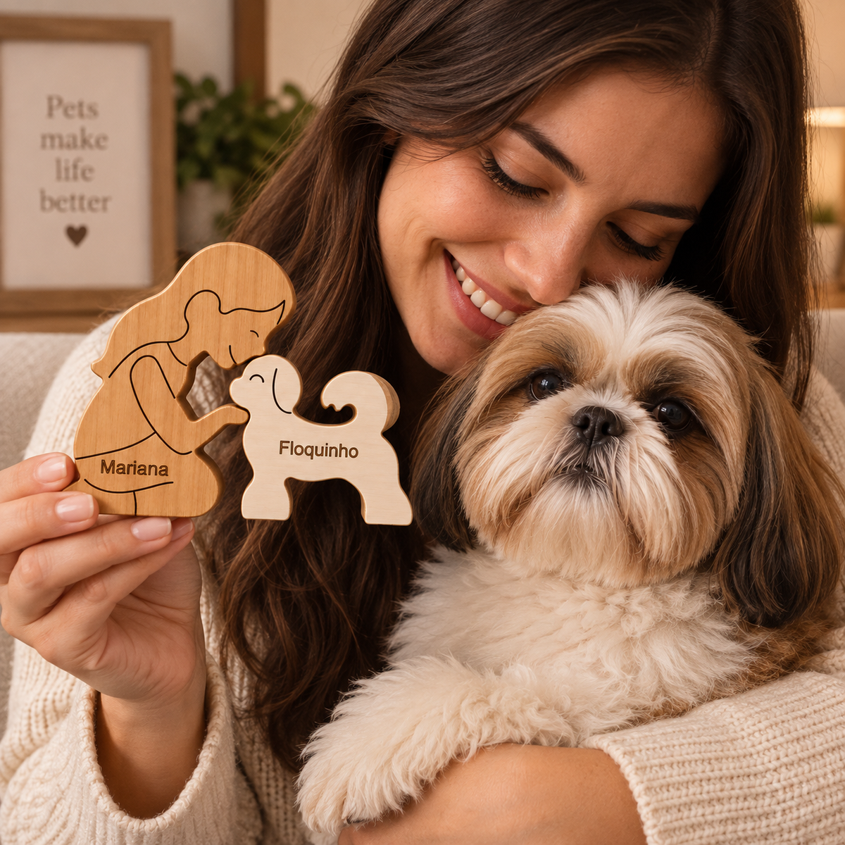 Escultura em Madeira Mulher Ajoelhada e Shih Tzu