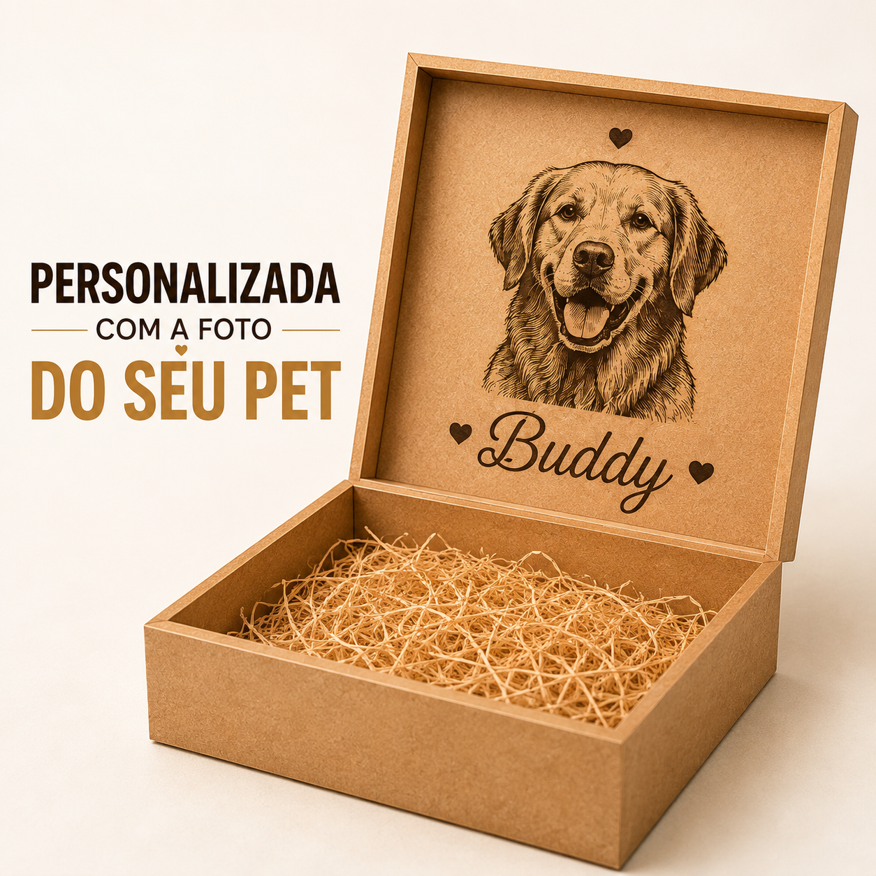Kit Escultura + Caixa Personalizada com Foto e Nome do Pet em MDF – Gravação a Laser